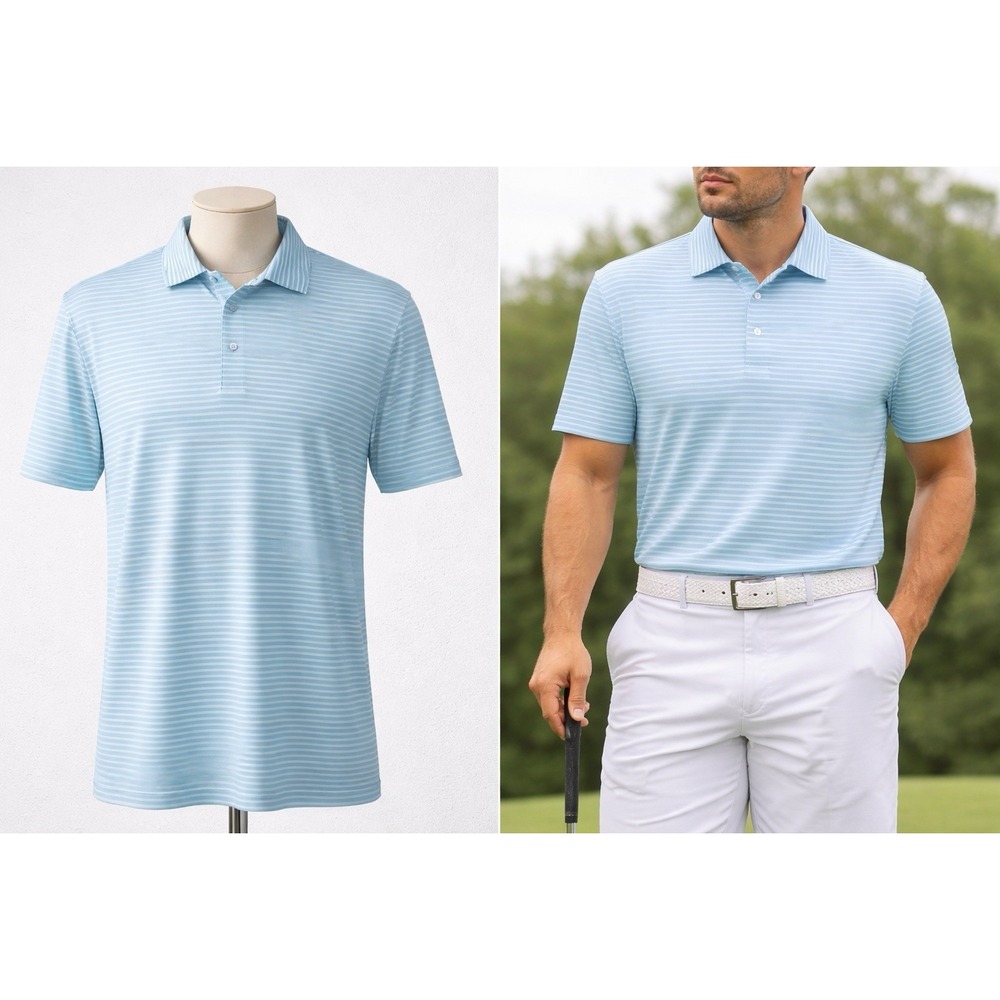 KJUS Polo Shirt Mens‎ M White Green Stripe Golf UPF 50+ Stretch ROCC Golf Logo
